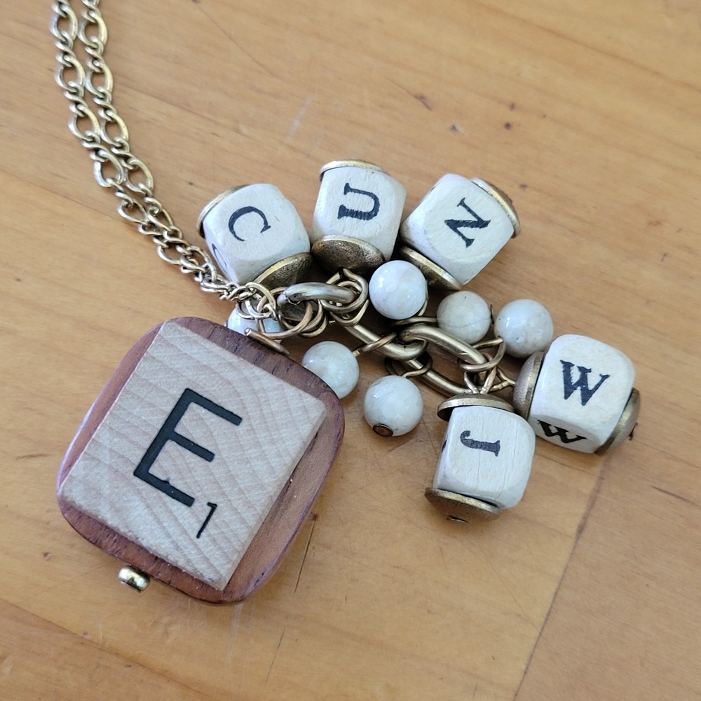 LENORA DAME Word Play Scrabble Letter Charm Necklace Wood Game Night 30 Inch